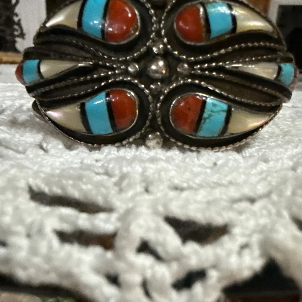 Vintage Zuni Sterling, Turquoise, Coral & MOP - Picture 5 of 10